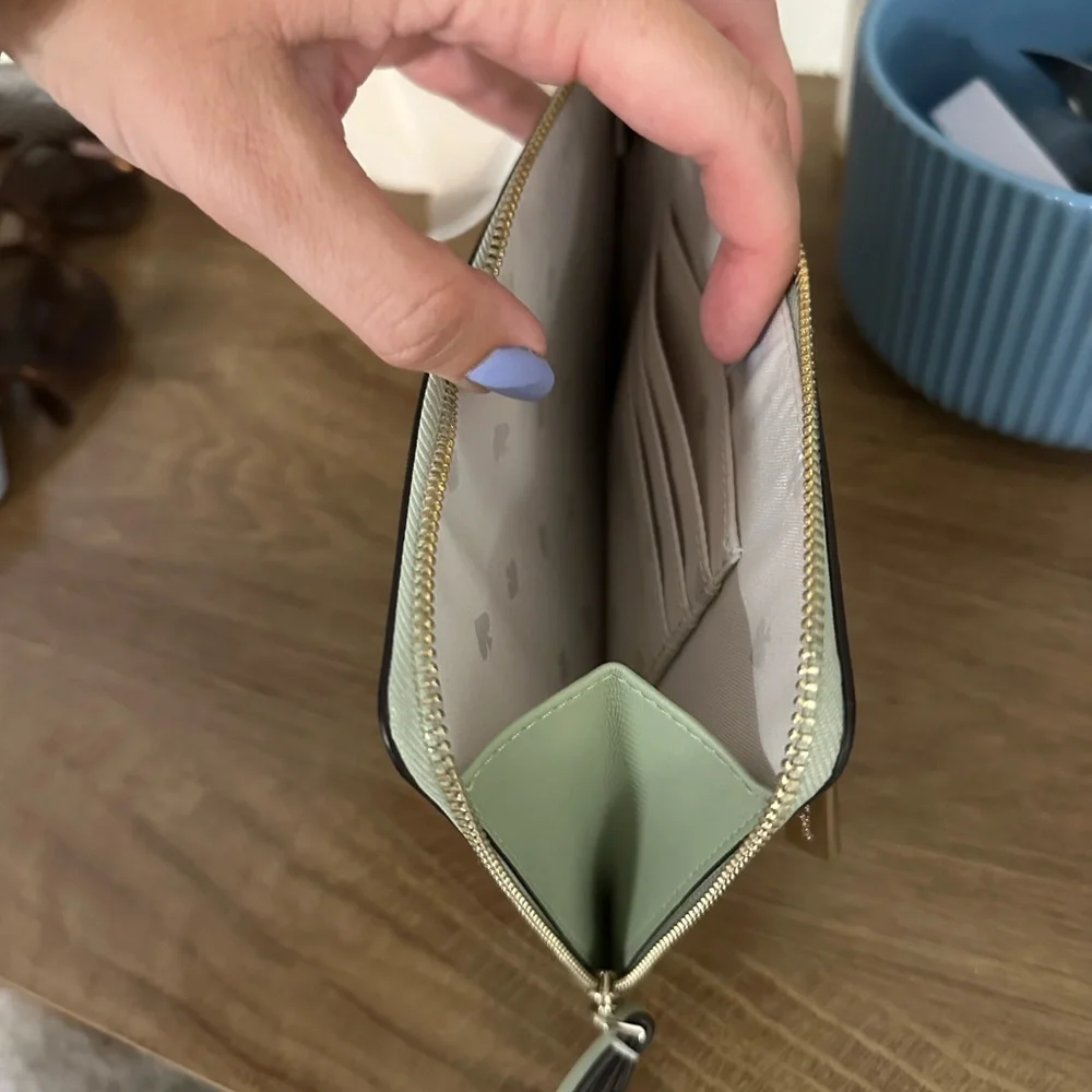 kate spade Pale Green Leather Wristlet with Black Strap